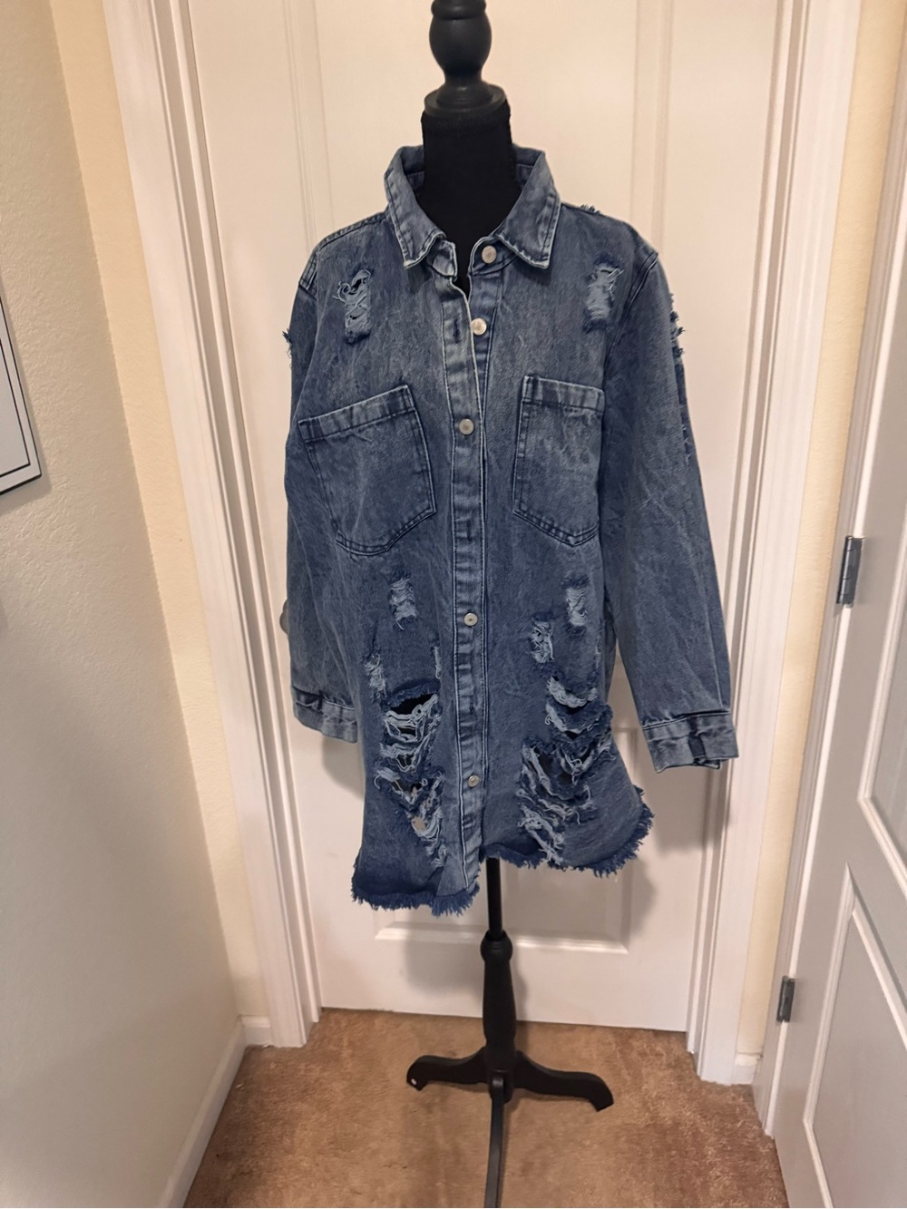 Distressed Denim Long Jacket - Blue